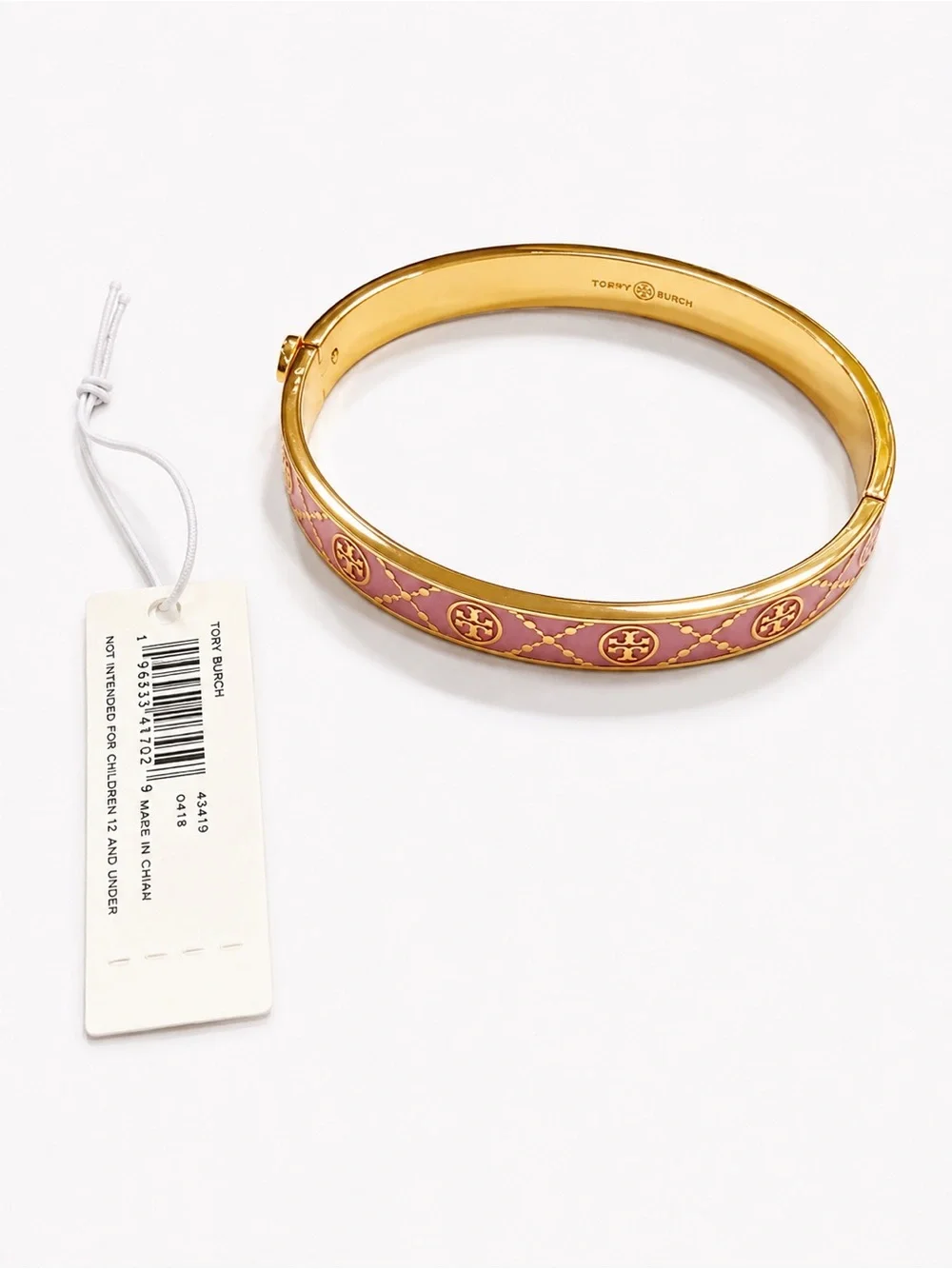 Tory Burch Pink Enamel Gold-Tone Logo Bangle Bracelet NWT